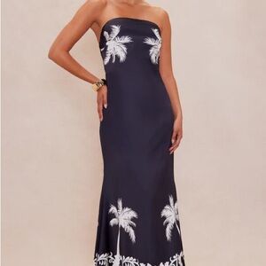 Strapless Navy Palm-Print Maxi Dress
